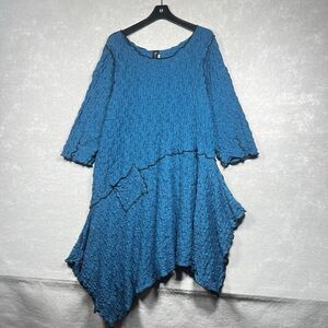 NOBLU Tunic Top Lagenlook Womens Size Large Blue Cotton Pucker Fabric Relaxed